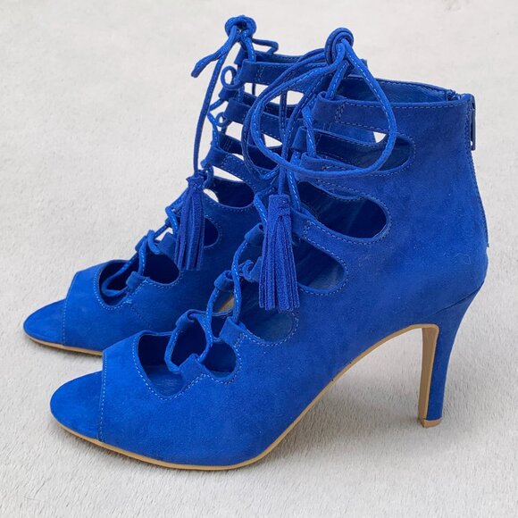 Nine West Briagd Faux Suede Lace Up Ghillie Peep Toe Stilettos Sz6 - Picture 3 of 15